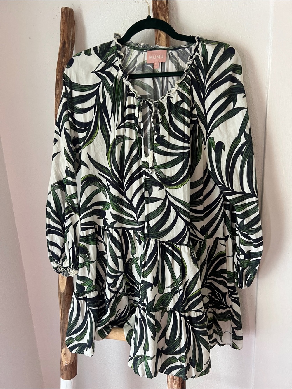 Show Me Your Mumu Ivory Green Palm Print Long Sleeve Tiered Flowy Mini Dress Med